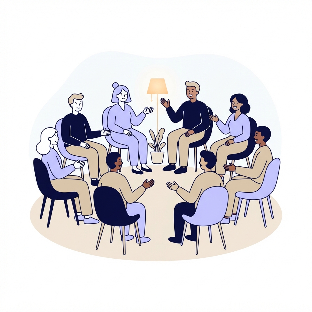 A serene group therapy setting with diverse individuals sitting in a circle.