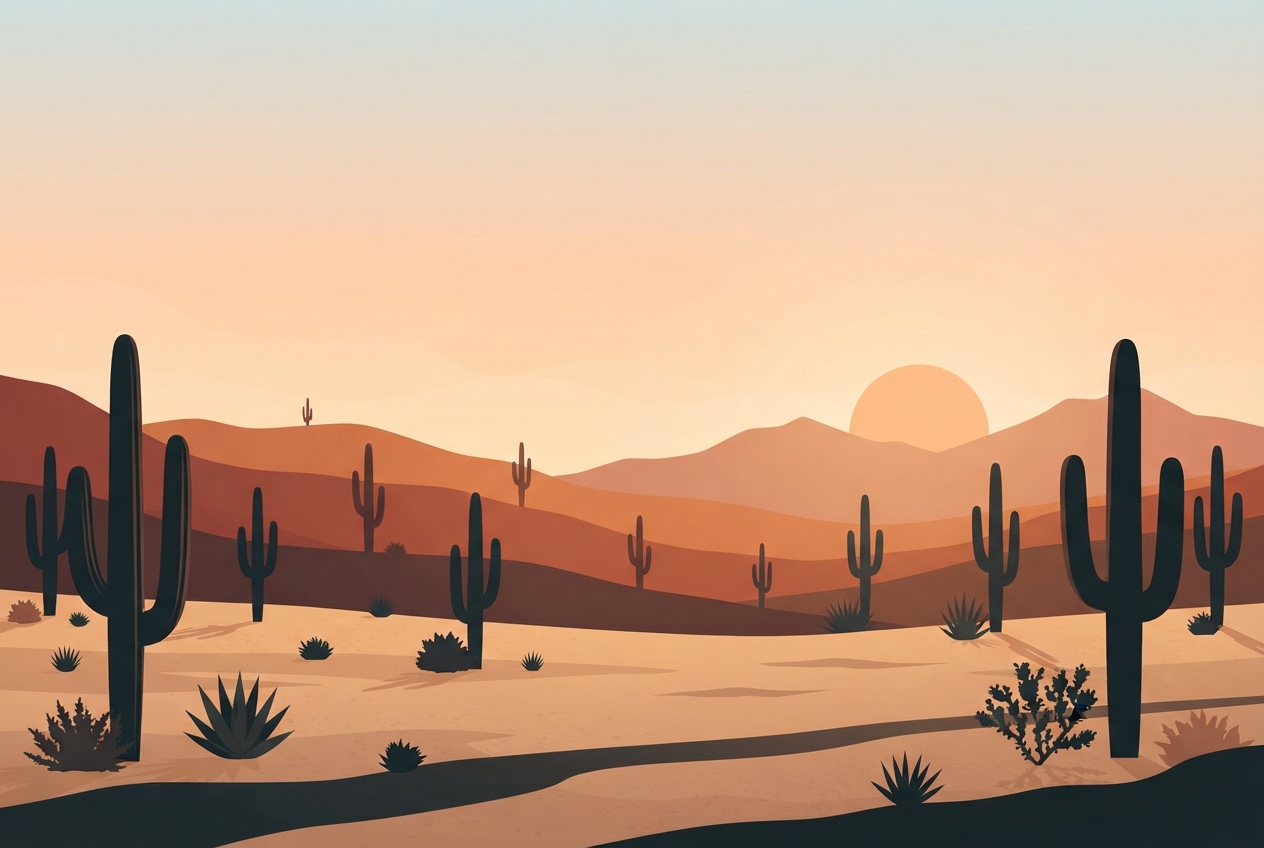 A minimalist, serene vector illustration of an Arizona desert landscape at golden hour. Stylized silhouettes of saguaro cacti and soft, rolling hills under a gentle gradient sky with muted peaches and warm oranges.
