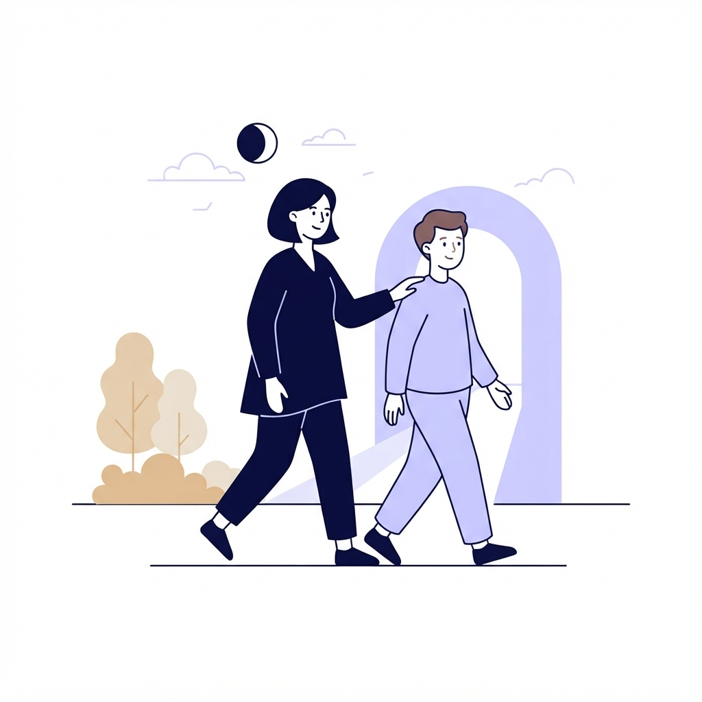 An illustration of two people walking together through a doorway, representing support and sponsorship.