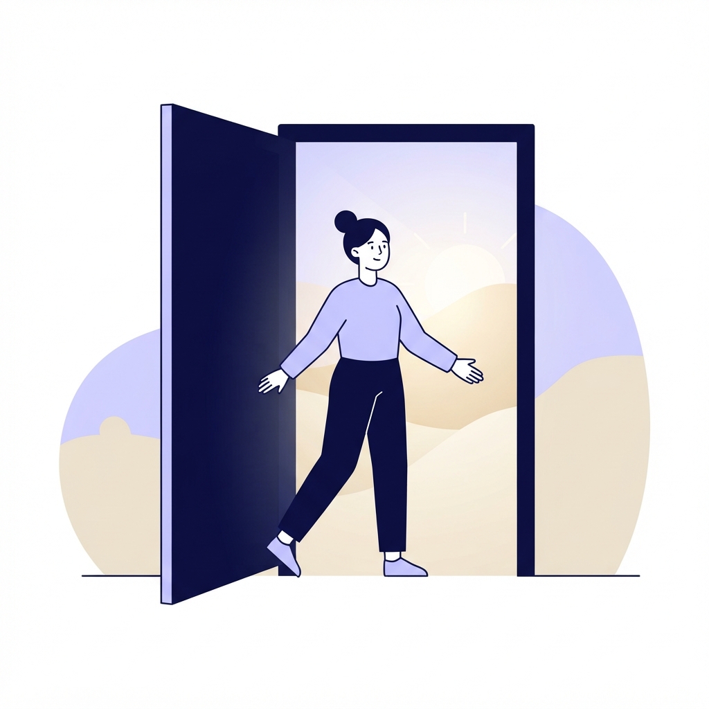 A minimalist, serene unDraw-style vector illustration representing 'Hopeful Discovery'. A stylized gender-neutral person opening a door or looking toward a bright horizon, clean lines, flat design, using the Serene Recovery color palette: deep navy (#0b0b45), soft lavender (#C0C1FF), and warm sand tones. White background.