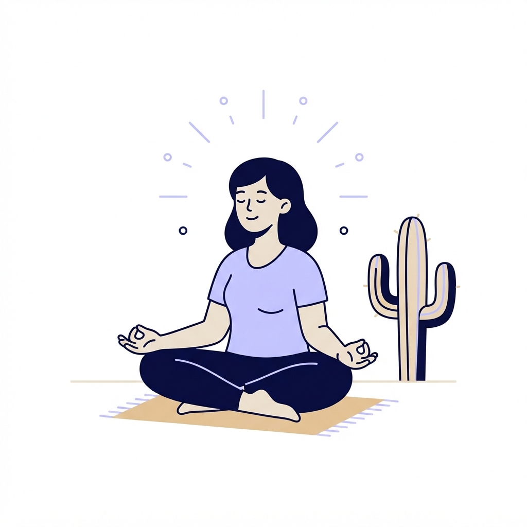 A person meditating peacefully near a cactus