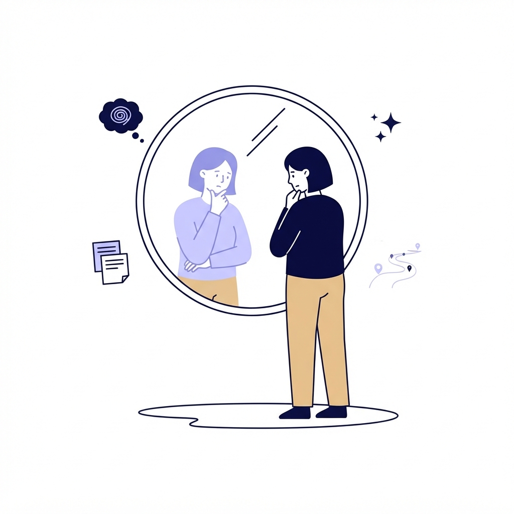 A minimalist, serene unDraw-style vector illustration representing 'Self-Reflection' or 'Personal Inventory'. A stylized gender-neutral person standing thoughtfully in front of a mirror, clean lines, flat design, using the Serene Recovery color palette: deep navy (#0b0b45), soft lavender (#C0C1FF), and warm sand tones. White background.