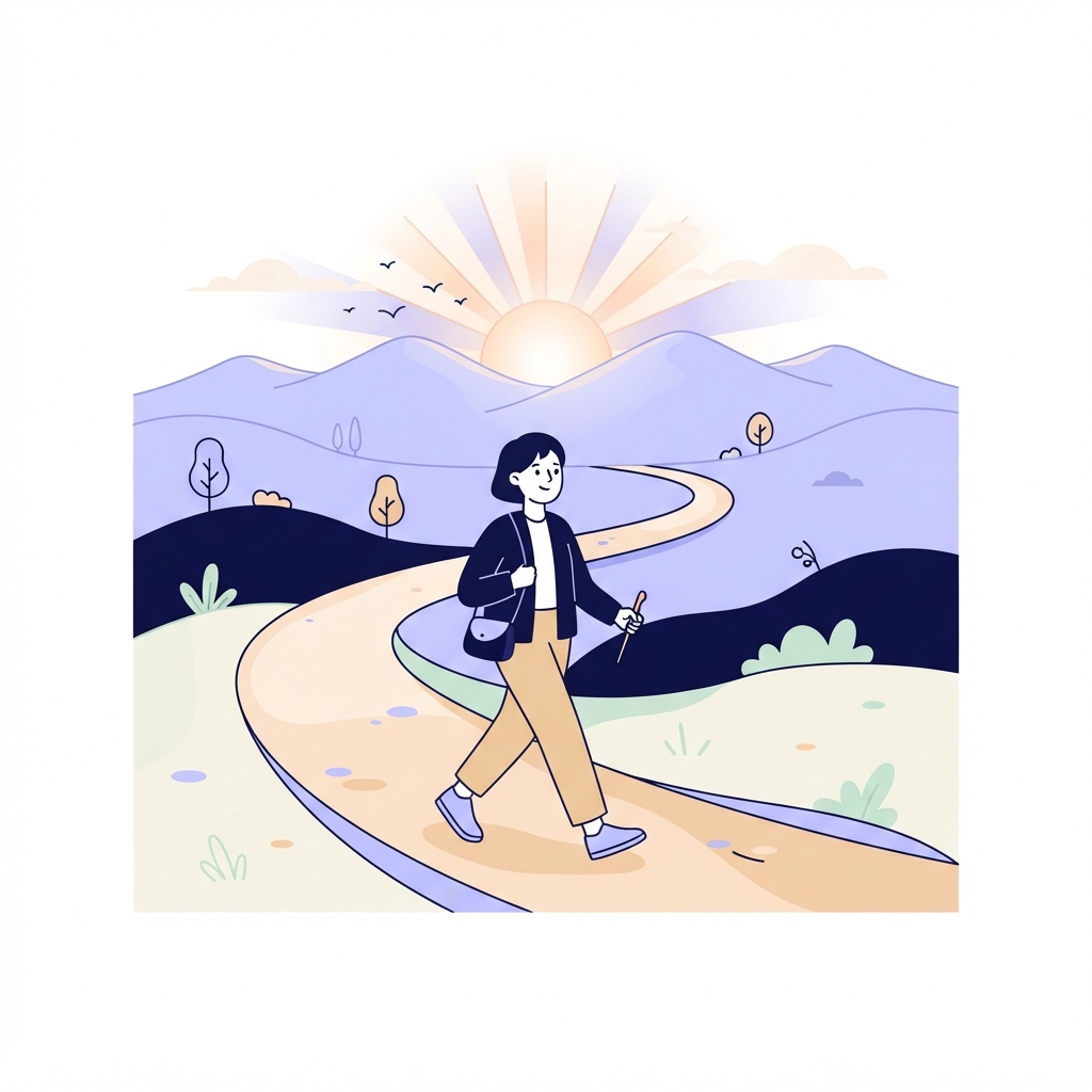 A person walking confidently on a winding path towards distant mountains at sunrise